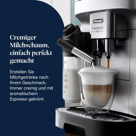 Magnifica Evo (ECAM292.81.SB) - Kaffeevollautomat mit Vollautomatischem cremigen Milchschaum, 7 One-Touch-Getränke, Cappuccino & Espresso, Kaffeemaschine, Soft-Touch-Bedienfeld, Silber