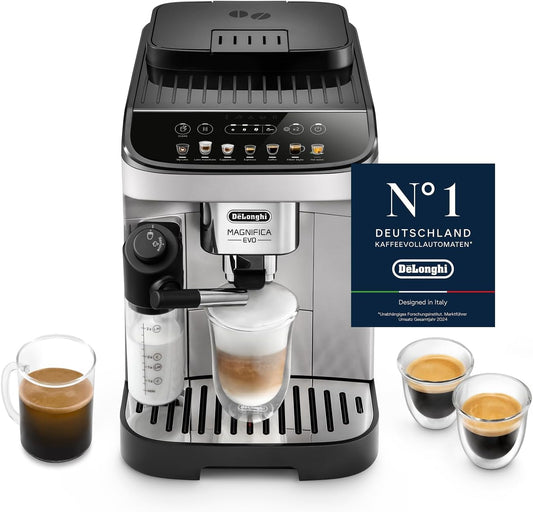 Magnifica Evo (ECAM292.81.SB) - Kaffeevollautomat mit Vollautomatischem cremigen Milchschaum, 7 One-Touch-Getränke, Cappuccino & Espresso, Kaffeemaschine, Soft-Touch-Bedienfeld, Silber