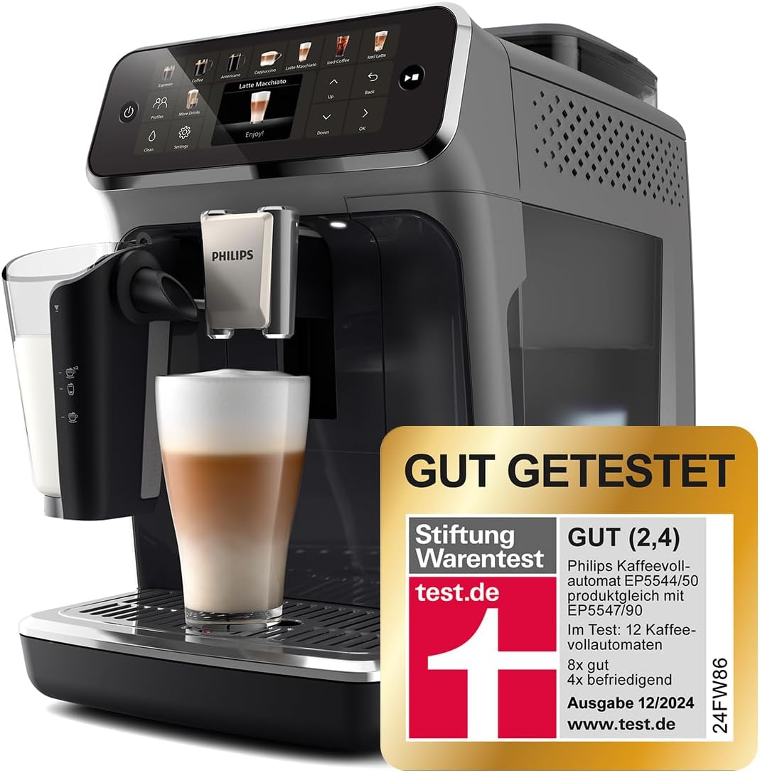 Serie 5500 Kaffeevollautomat (EP5544/50) – LatteGo Milchsystem, 20 heiße und kalte Kaffeespezialitäten, 40% leiser mit SilentBrew,QuickStart, chwarz/Grau