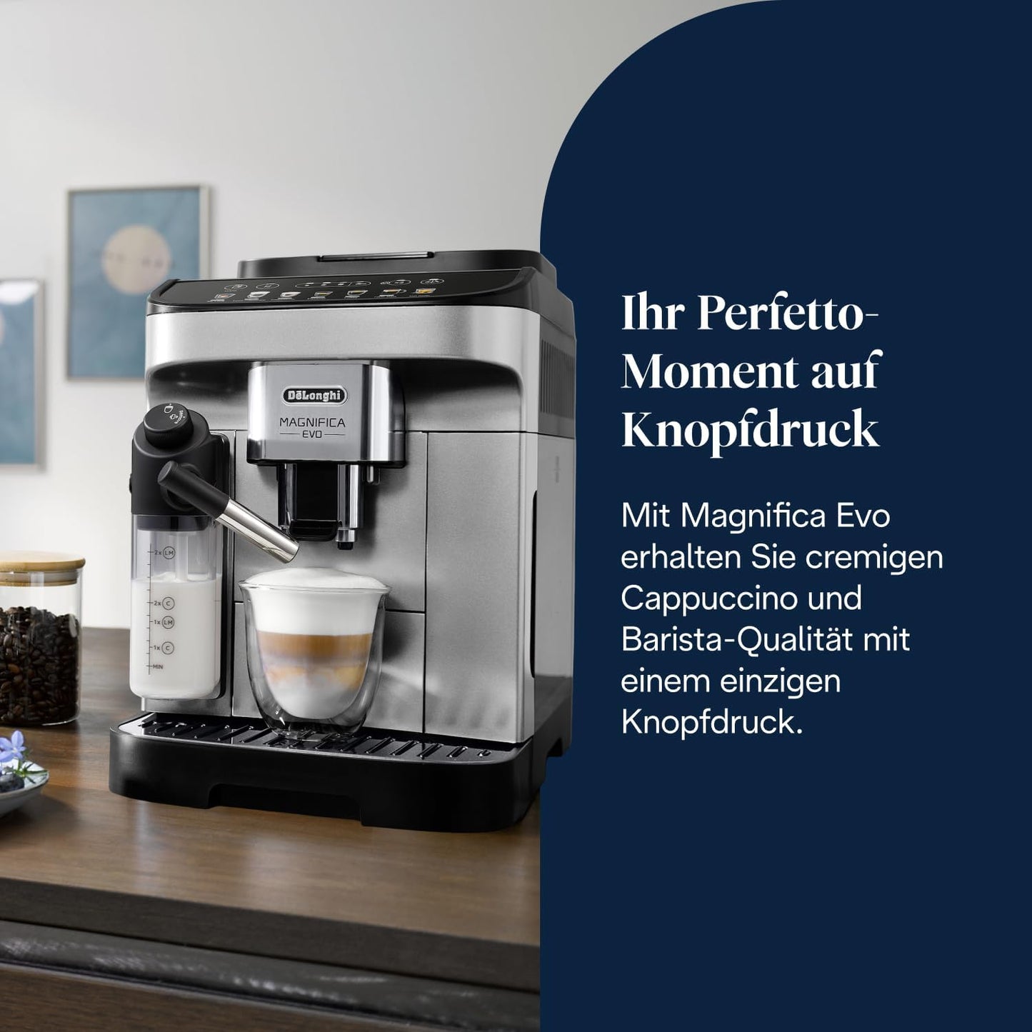 Magnifica Evo (ECAM292.81.SB) - Kaffeevollautomat mit Vollautomatischem cremigen Milchschaum, 7 One-Touch-Getränke, Cappuccino & Espresso, Kaffeemaschine, Soft-Touch-Bedienfeld, Silber