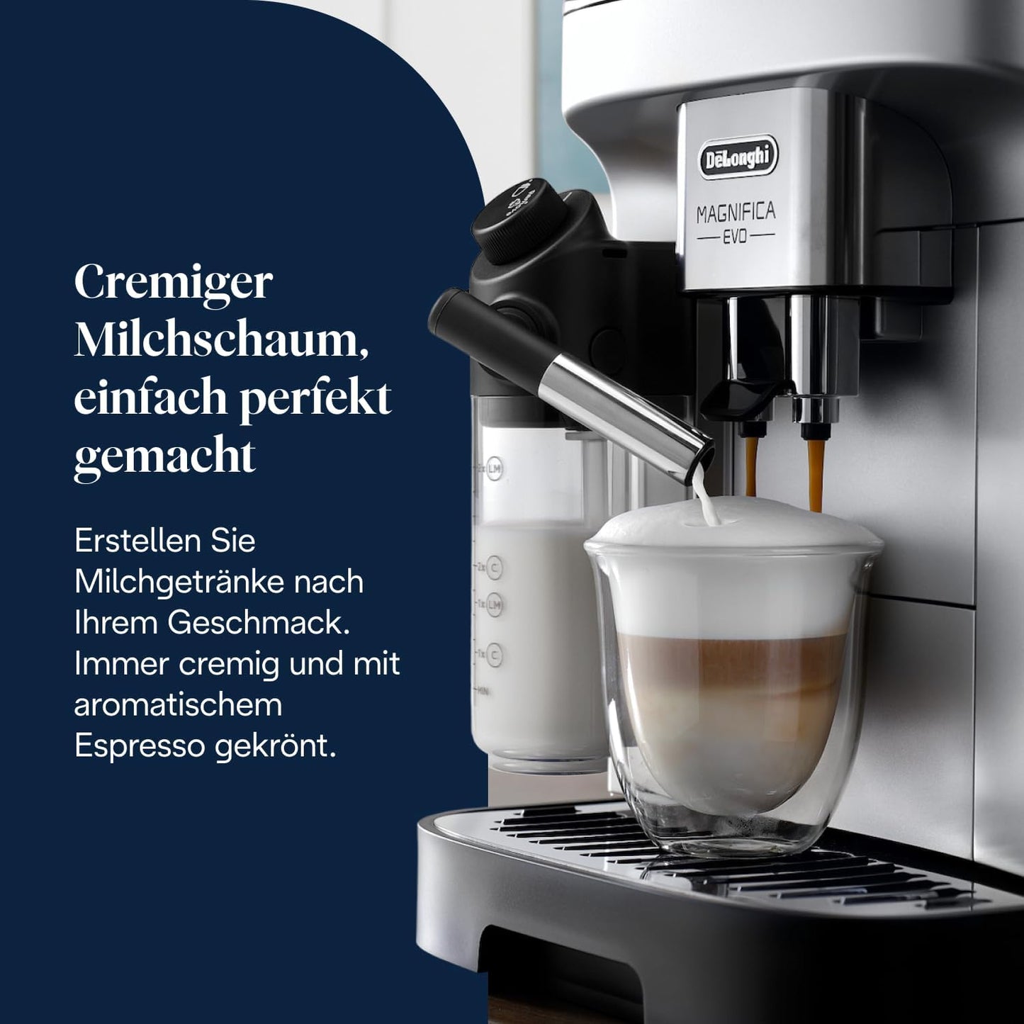 Magnifica Evo (ECAM292.81.SB) - Kaffeevollautomat mit Vollautomatischem cremigen Milchschaum, 7 One-Touch-Getränke, Cappuccino & Espresso, Kaffeemaschine, Soft-Touch-Bedienfeld, Silber