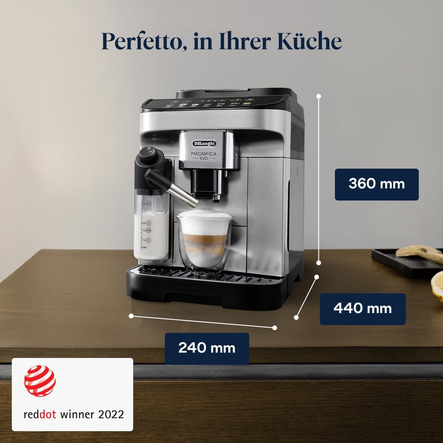 Magnifica Evo (ECAM292.81.SB) - Kaffeevollautomat mit Vollautomatischem cremigen Milchschaum, 7 One-Touch-Getränke, Cappuccino & Espresso, Kaffeemaschine, Soft-Touch-Bedienfeld, Silber